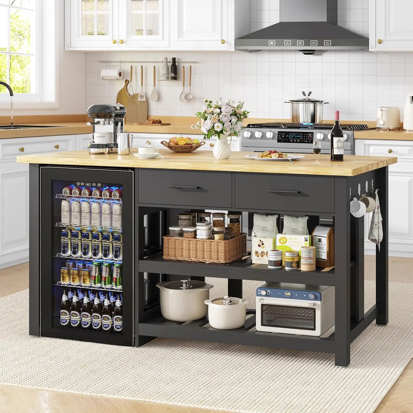 60" Solid Rubberwood Kitchen Island with Fridge Storage Space and Power Outlets, 2 Drawers & Open Shelves Coffee Bar, Custom