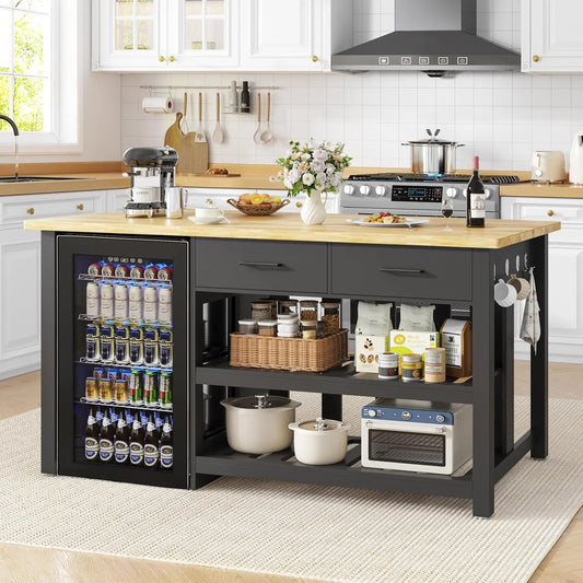 60" Solid Rubberwood Kitchen Island with Fridge Storage Space and Power Outlets, 2 Drawers & Open Shelves Coffee Bar, Custom