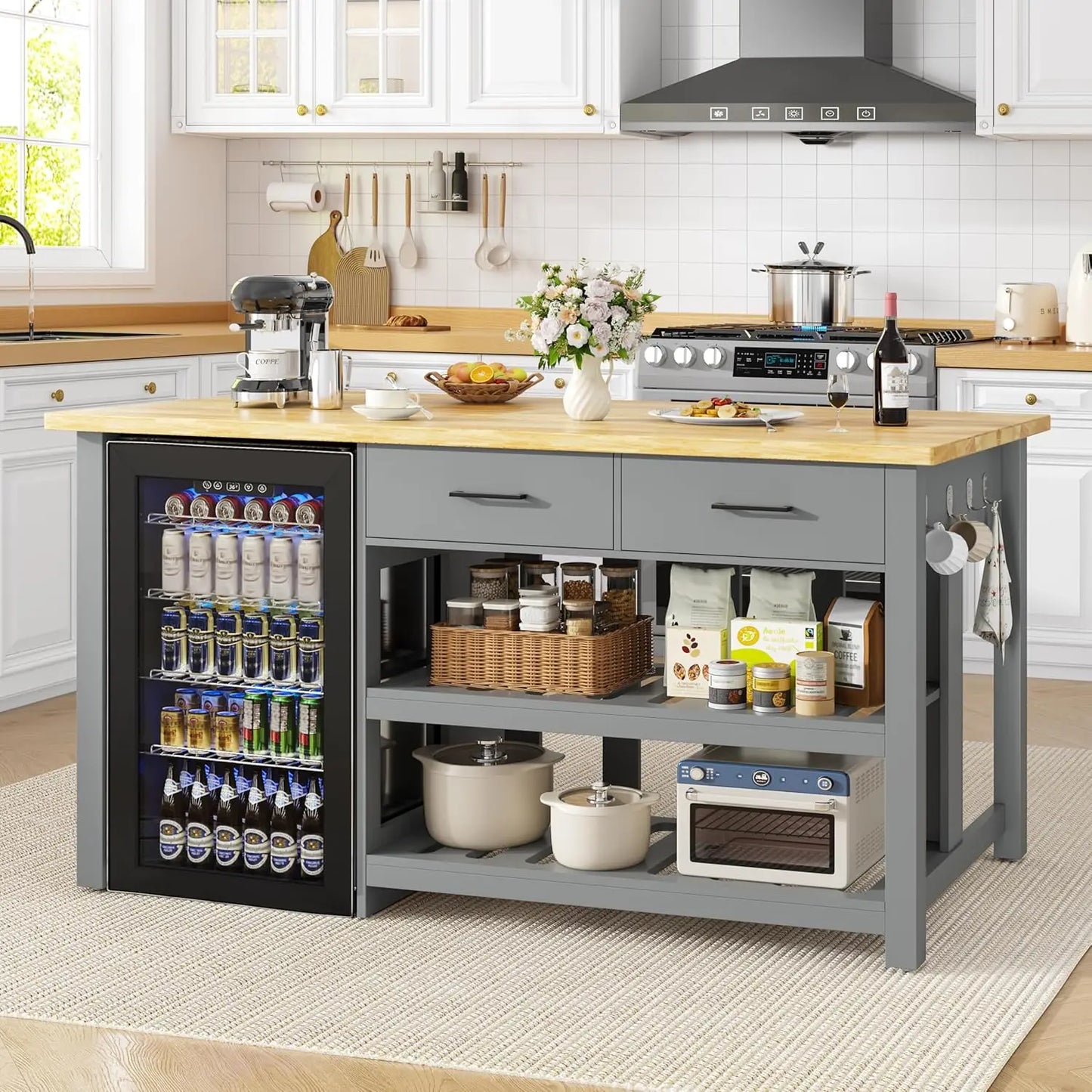 60" Solid Rubberwood Kitchen Island with Fridge Storage Space and Power Outlets, 2 Drawers & Open Shelves Coffee Bar, Custom