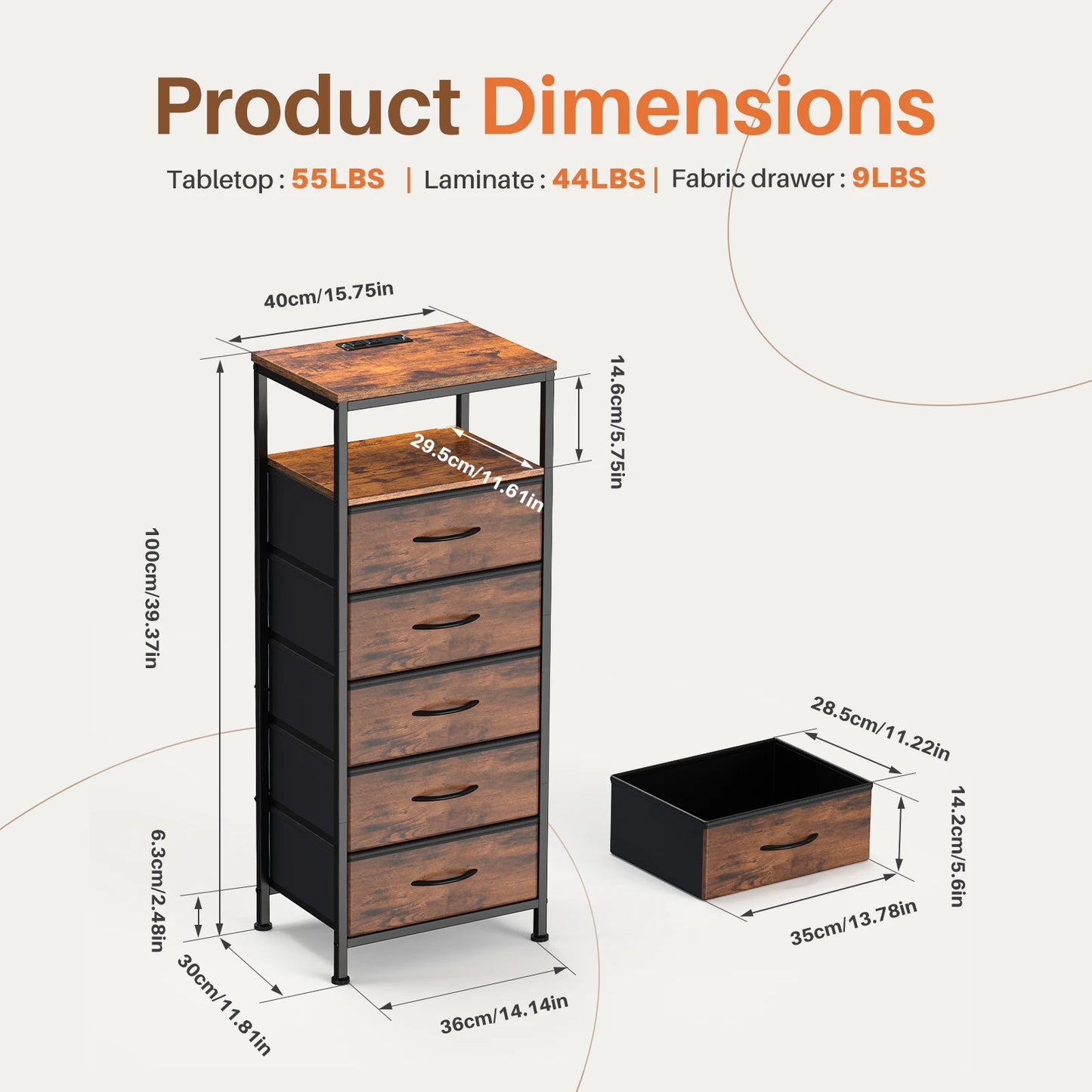 JHK 5-Drawer Cabinet with Charging Station Bedside Table with USB Ports Type-C Bedroom Night Stand with Fabric Drawers and Open Shelf Tall Narrow End Table for Small Bedroom