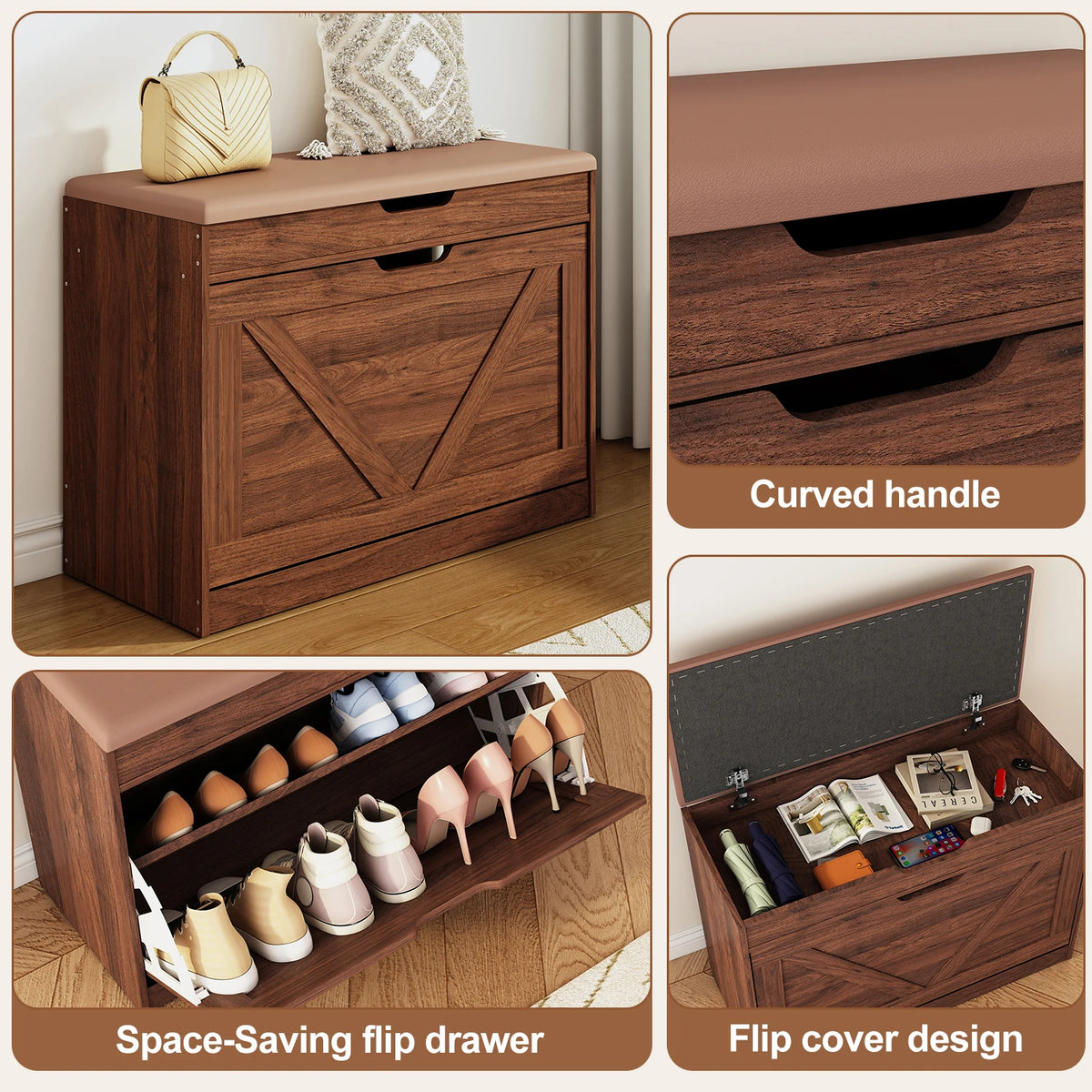 27.5" Storage Bench with Flip Drawers and Adjustable Shelf, Flip-up Cabinet & Padded Cushion - Space-Saving Shoe Cabinet, Organizer for Entryway, Hallway, Bedroom
