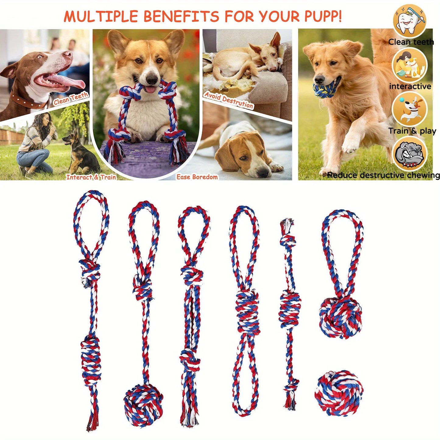 7pcs Durable Color Rainbow Blend Dog Leash Knot Toy Set - Tough chew toys-Pet Interactive Training Play And Dental Health