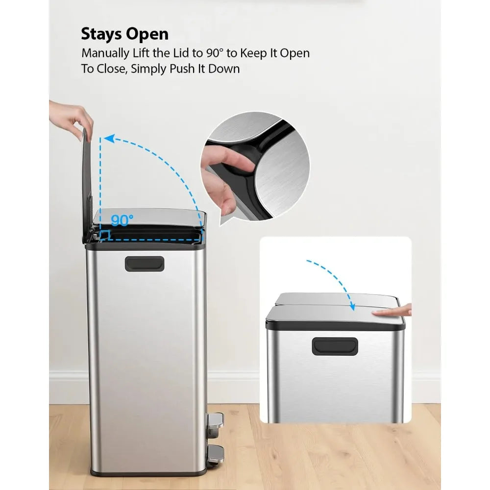 Dual Trash and Recycling Bins for Kitchen, 2 * 11-Gallon Stainless Steel Double Trash Can, Step-On Garbage, Customized