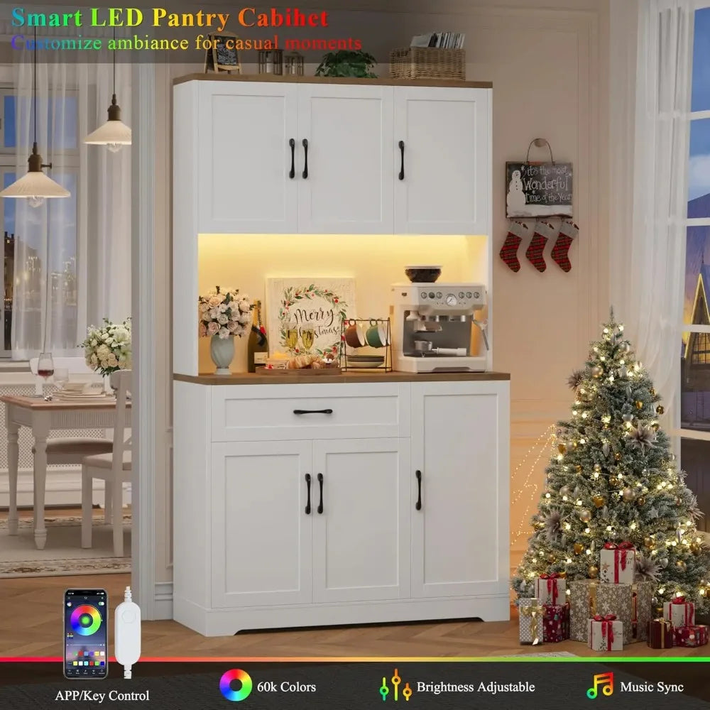 71" LED Pantry Cabinet with Power Outlet, Tall Kitchen Hutch Storage Cabinet with Microwave Stand & 6 Door Shelves,, Customized
