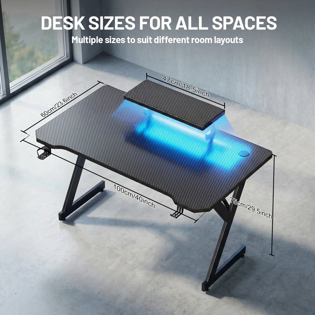 FRODROVIA Ergonomic Gaming Desk with Elevated Monitor Riser Stand & Built-in LED Light Strip, Large Curved Carbon Fiber Surface Computer Desk, Gaming Workstation with Cup Holder & Headphone Hook for Gaming Streaming Home Offi