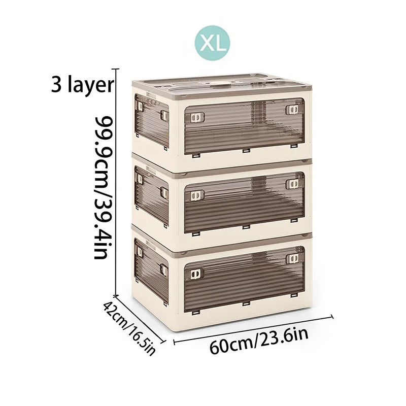 Plastic Storage Box with Lid, Foldable with Wheels, Five-Opening Door, Stackable, Used for Organizing Clothes, Snacks, and Camping, White and Light Yellow