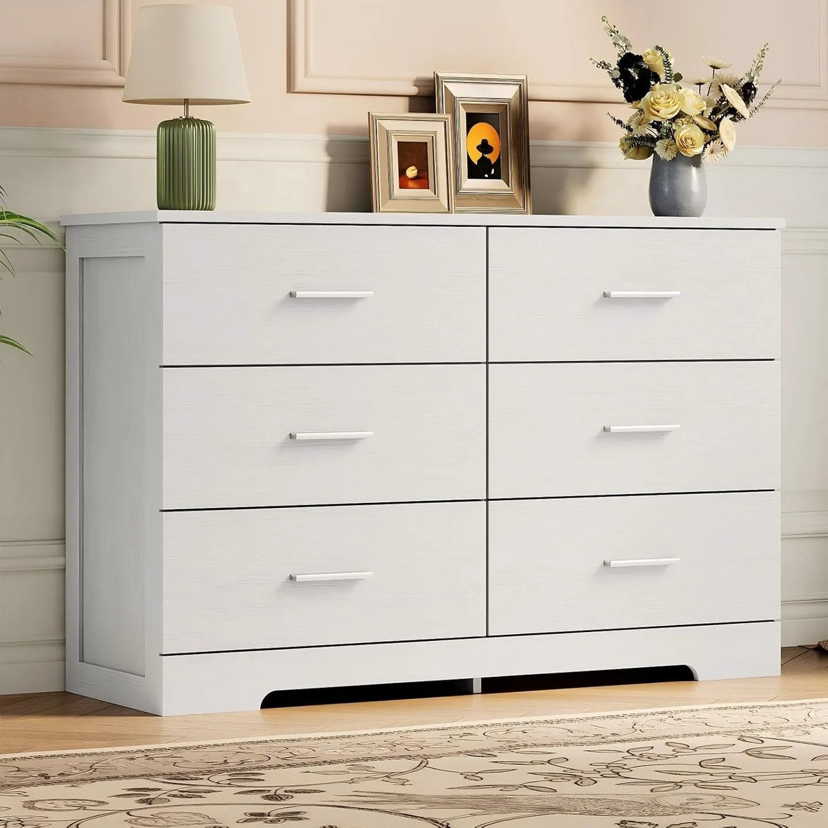 6 Drawer Storage Dresser Cabinet with Metal Handles, Modern Wood Chest of Drawers for Bedroom Living Room