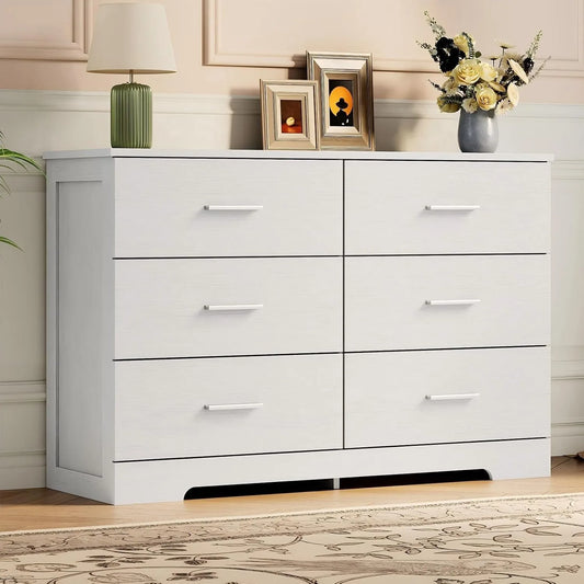 6 Drawer Storage Dresser Cabinet with Metal Handles, Modern Wood Chest of Drawers for Bedroom Living Room