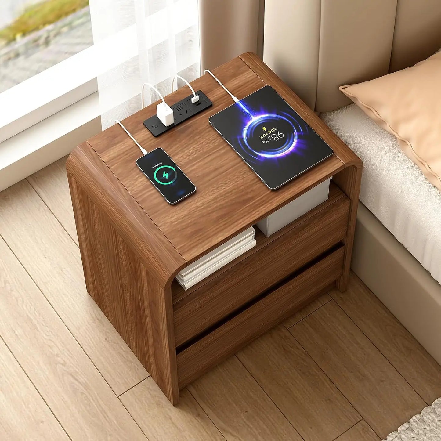 23.6" Walnut Nightstand with Charging Station, Anti-Collision Mid Century Modern Bedside Table with 500 LB, Customized
