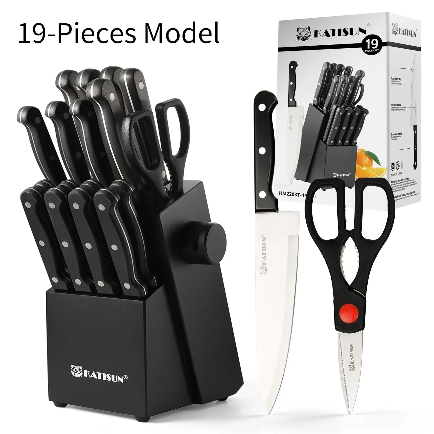 Katisun 19 Pieces Carbon Steel Kitchen Knife Set with Block Built-in Sharpener Meat Fork Professional Chef Home Cooking
