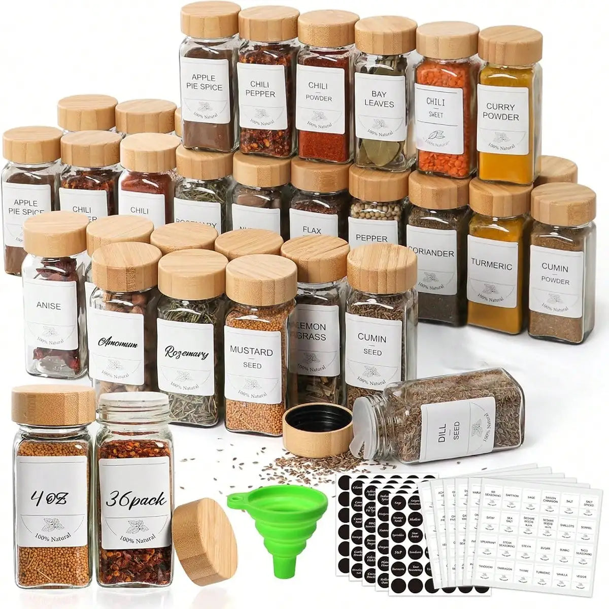 Glass Spice Jars With Bamboo Lids Modern Farmhouse 4oz Square Glass Spice Bottles 36 Pack Spice Container Set With Shaker Lids Preprinted Labels Silicone Funnel For Kitchen Cabinet Pantry Drawer Spice Rack Housewarming Gift