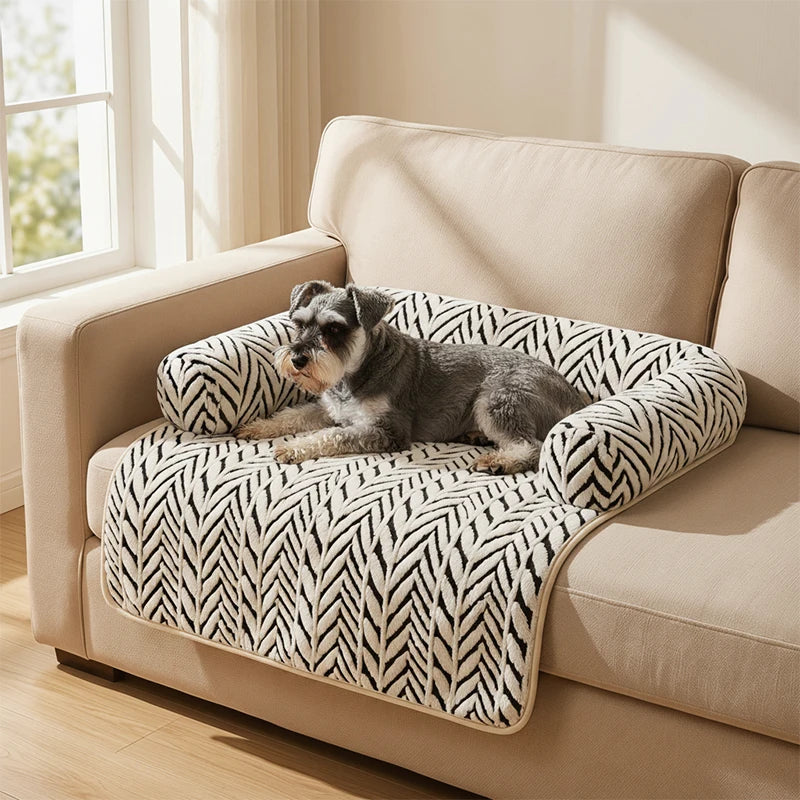 Pet Sofa Bed Mat with Side Bolsters Soft Fluffy Couch Protector Mat Anti-slip Dog Cat Bed Sleeping Cushion for Small Medium Pets