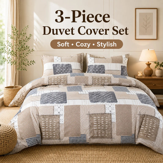 Boho Patchwork Duvet Cover Set, Beige Grey Geometric Bedding Set, Farmhouse Soft Bed Cover with Pillowcases, Twin Full Queen King Breathable and Ultra-Soft, Suitable for All Seasons, Includes 1 Duvet Cover and 1-2 Pillowcases