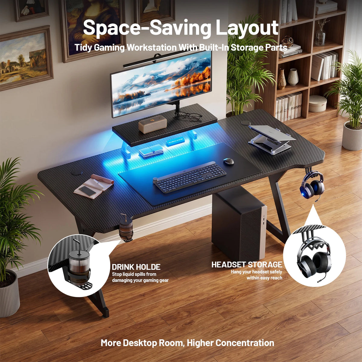 FRODROVIA Ergonomic Gaming Desk with Elevated Monitor Riser Stand & Built-in LED Light Strip, Large Curved Carbon Fiber Surface Computer Desk, Gaming Workstation with Cup Holder & Headphone Hook for Gaming Streaming Home Offi