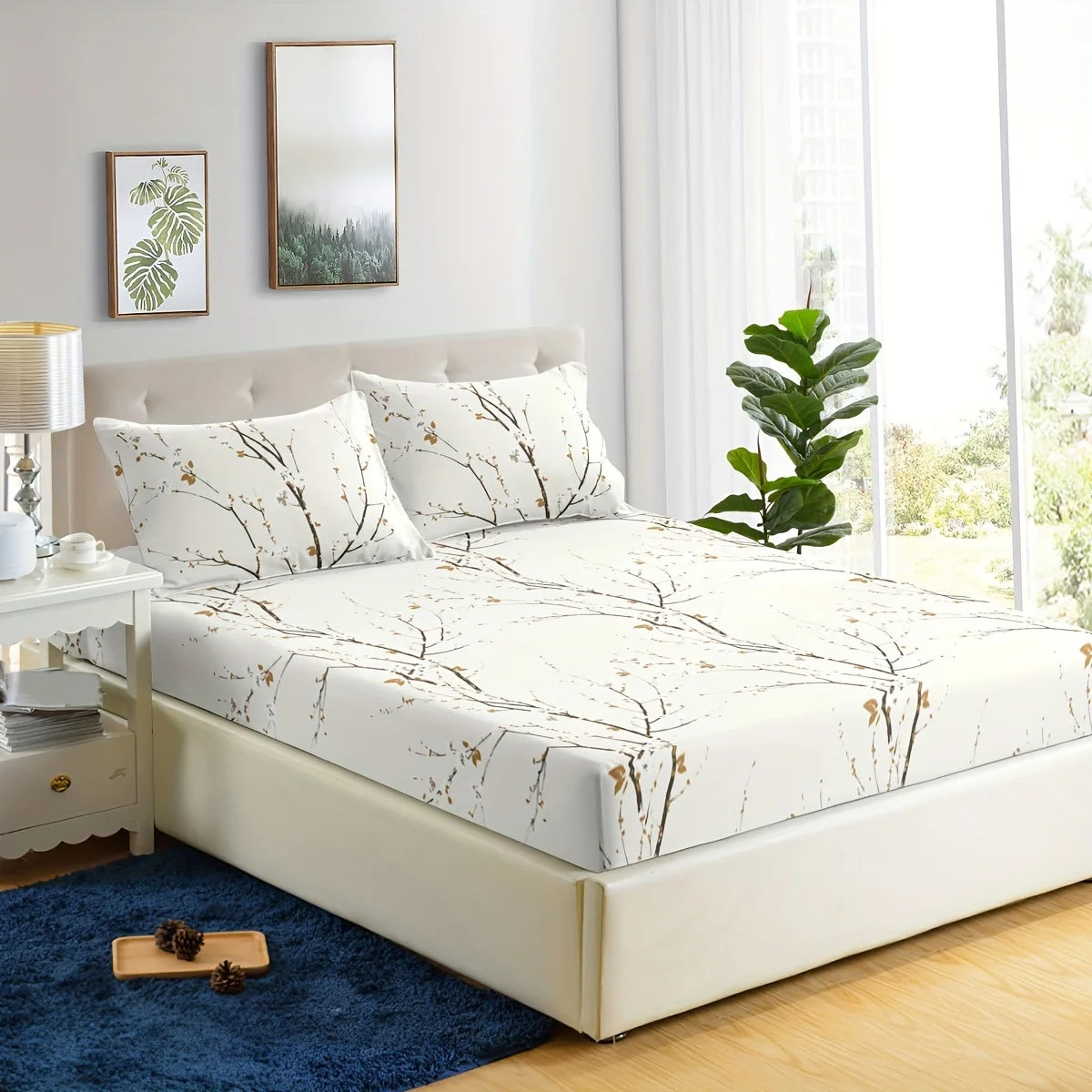 3Pcs Floral Fitted Sheet Set Soft Blossom Bed Sheet with 2 Pillowcases Deep Pocket Printed Bedding for Twin Full Queen King