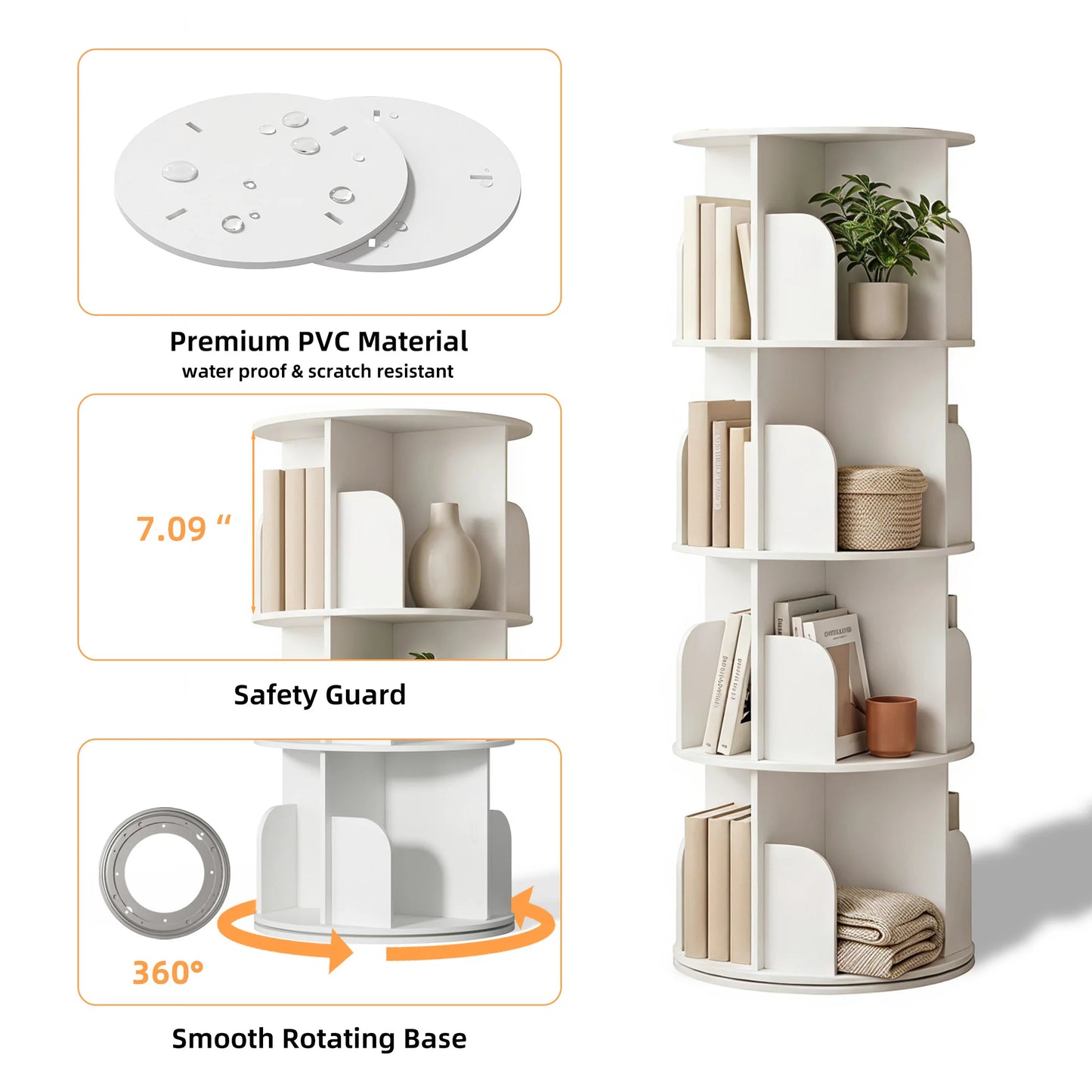 JHK 3-4 Tier Rotating Storage Bookshelf 360° Display Revolving Bookcase  Freestanding Vertical Corner Book Shelf for Bedroom Living Room