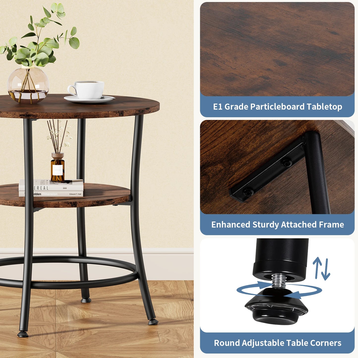 JHK 21.85 Inch Round Coffee Tables End Table 2-Tier Side Round Table for Living Room Accent Table with Storage Shelf Sturdy Metal Frame Nightstand for Small Space Round Bedside