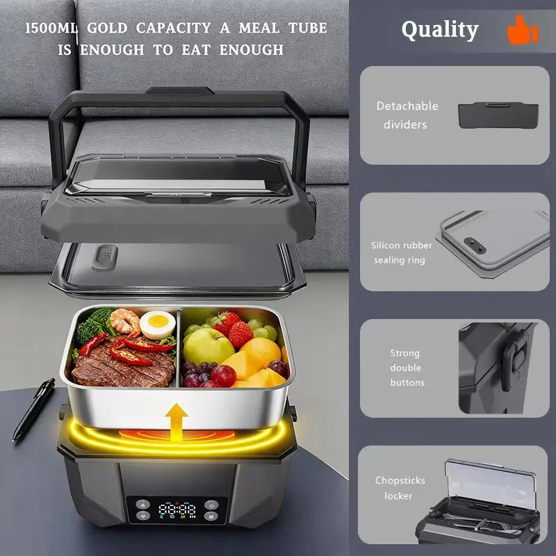 1500ML Electric Heating Lunch Box USB Rechargeable Portable Food Warmer Container with Display Screen Home Office Car Travel Food Storage Box