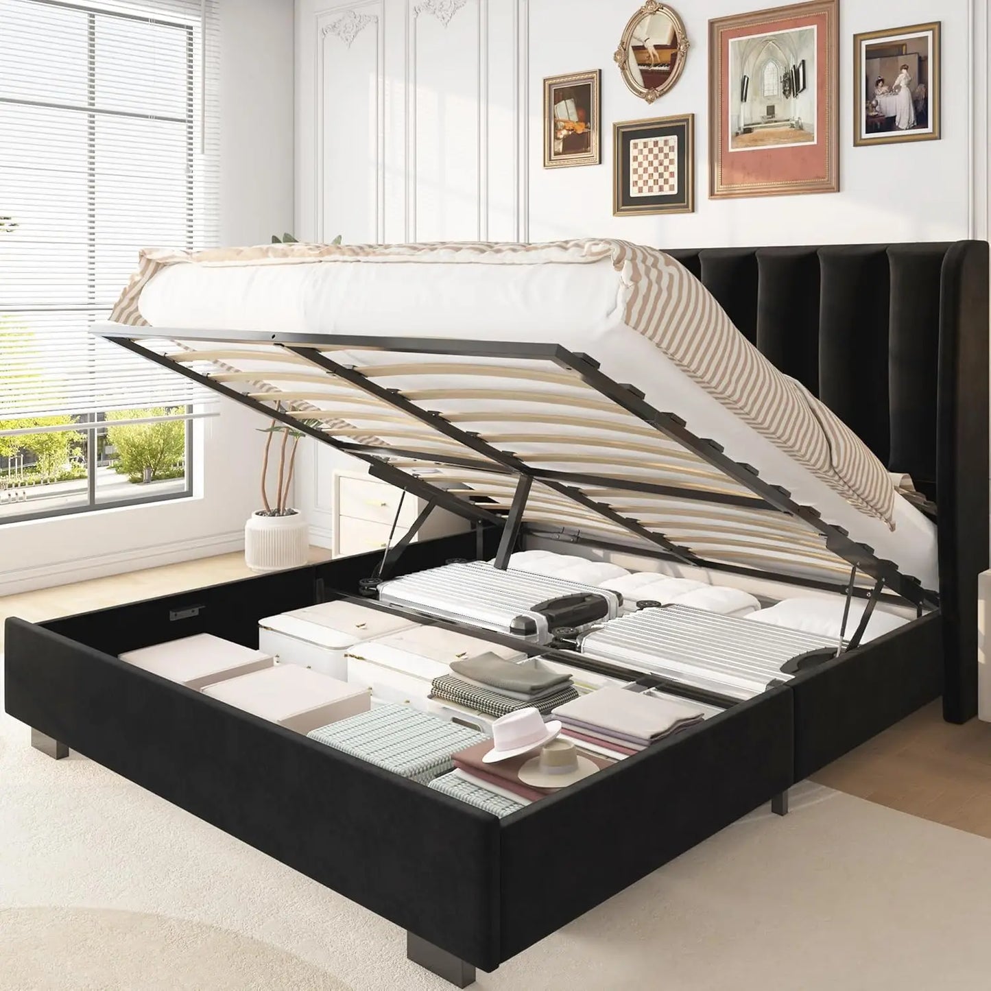 Lift Up Storage Bed Frame with 51" Tall Headboard, Queen Size Bed Frame with Storage Underneath, Velvet Wingback, Customized