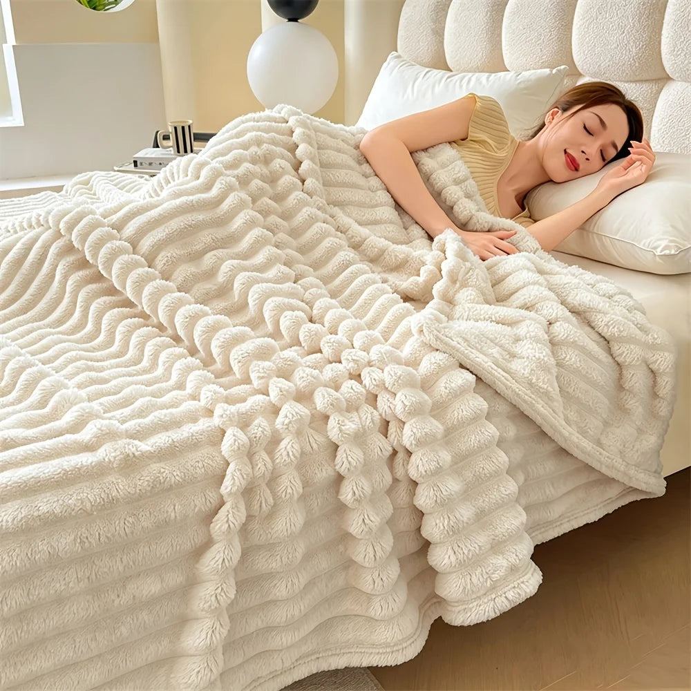 Super Soft Striped Fleece Blanket Cozy Ribbed Flannel Bed Throw Warm Elegant Plush Blanket for Sofa Couch Bedspread Luxurious Comfy Travel Camping Blanket Solid Warm All Season Bedding Blanket Twin Queen King