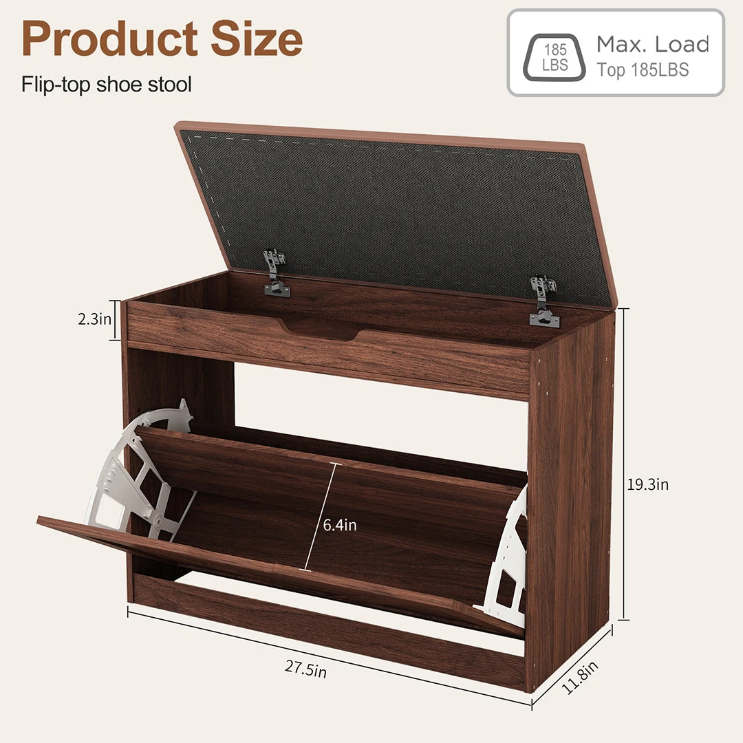 27.5" Storage Bench with Flip Drawers and Adjustable Shelf, Flip-up Cabinet & Padded Cushion - Space-Saving Shoe Cabinet, Organizer for Entryway, Hallway, Bedroom