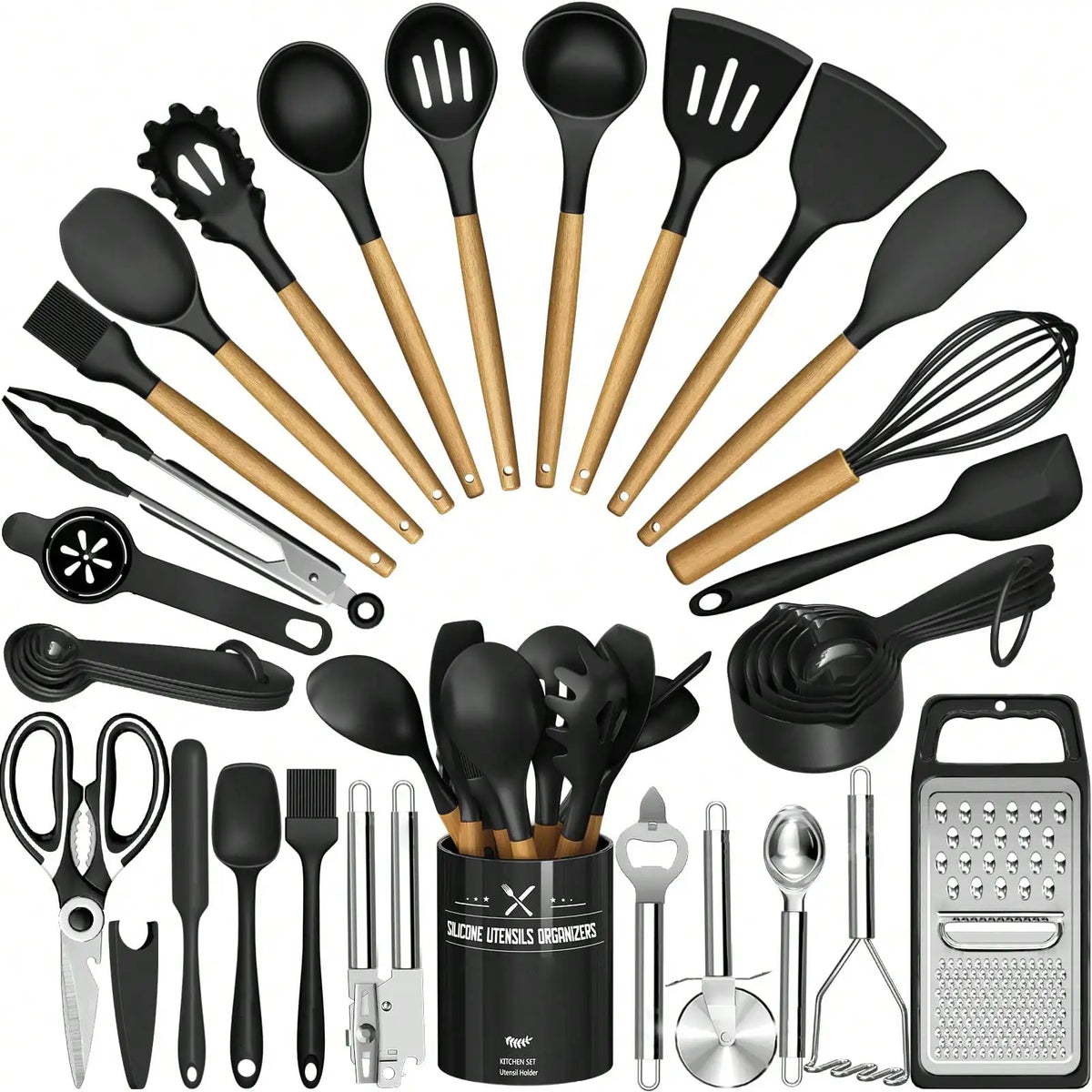Silicone Kitchen Utensils Set Modern Cooking Utensil Set 34 PCS Black Heat Resistant Silicone Wooden Handles With Holder Nonstick Cooking Spatula Set For Cooking Baking Kitchen Gadgets Tools Set Housewarming Gift
