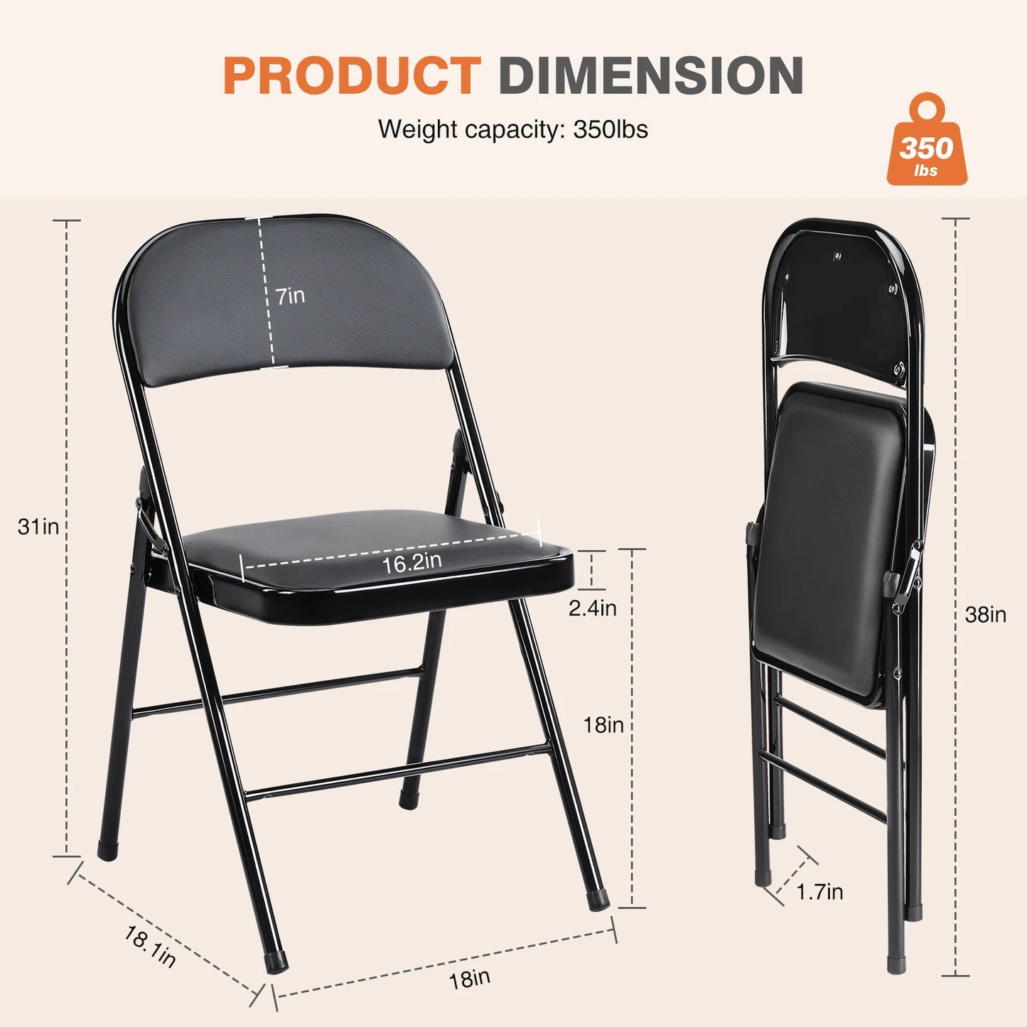 JHK Leather Padded Folding Living Room Chairs 2 Pack Sturdy Metal Foldable Chair Easy to Use and Storage Outdoor for Home Office