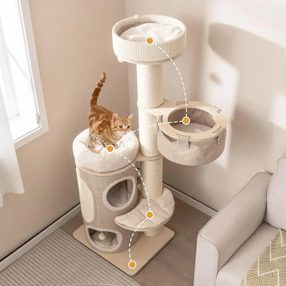 61 Multi-Level Tall Cat Tower with 2 Condos, Top Perch, Sisal Posts, Carpet, Hammock, Balls, Removable Bed for Indoor Cats