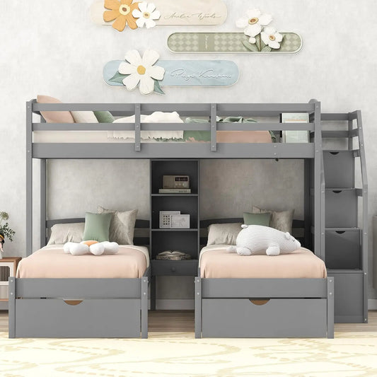Triple Twin Bunk Bed Frame with Drawers Staircase Storage Shelves Solid Wood Sturdy Support Bedroom, Custom