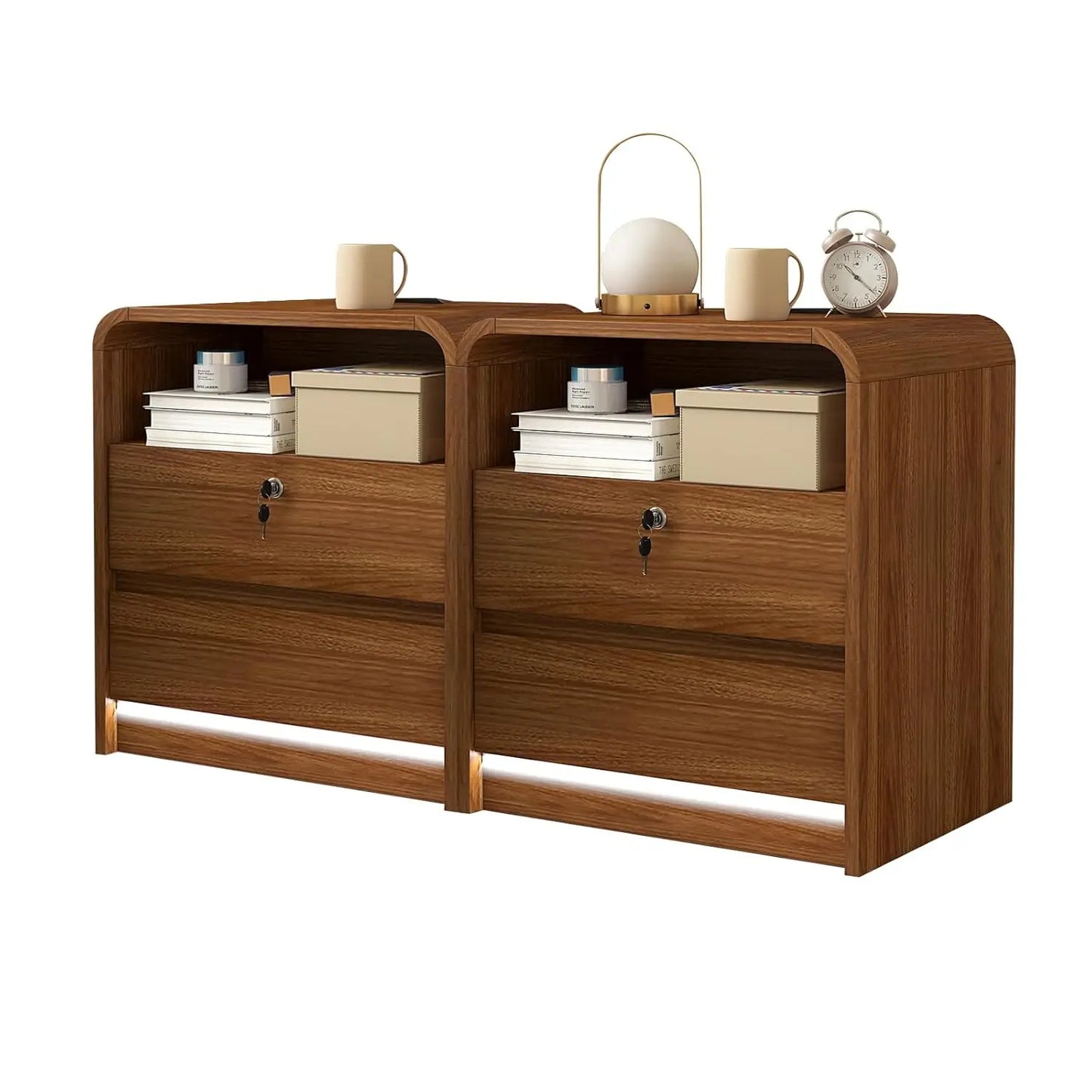 23.6" Walnut Nightstand with Charging Station, Anti-Collision Mid Century Modern Bedside Table with 500 LB, Customized