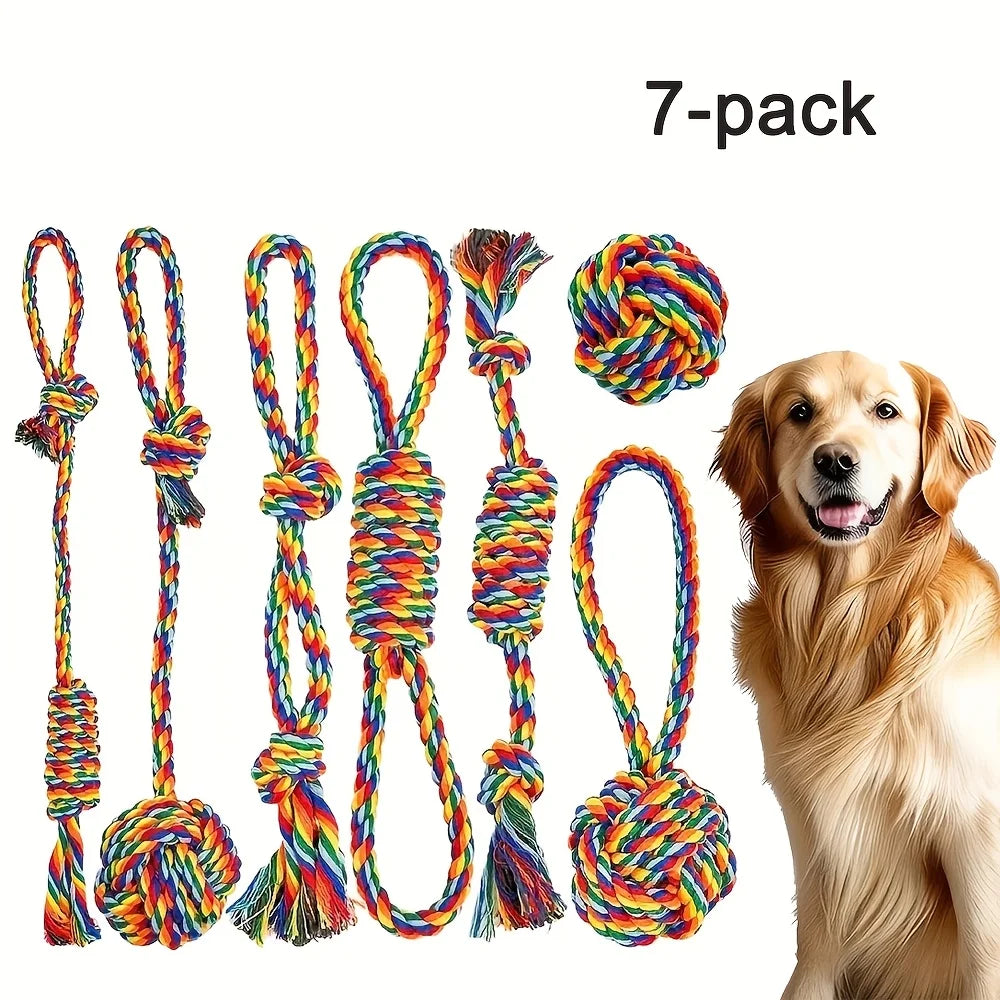7pcs Durable Color Rainbow Blend Dog Leash Knot Toy Set - Tough chew toys-Pet Interactive Training Play And Dental Health