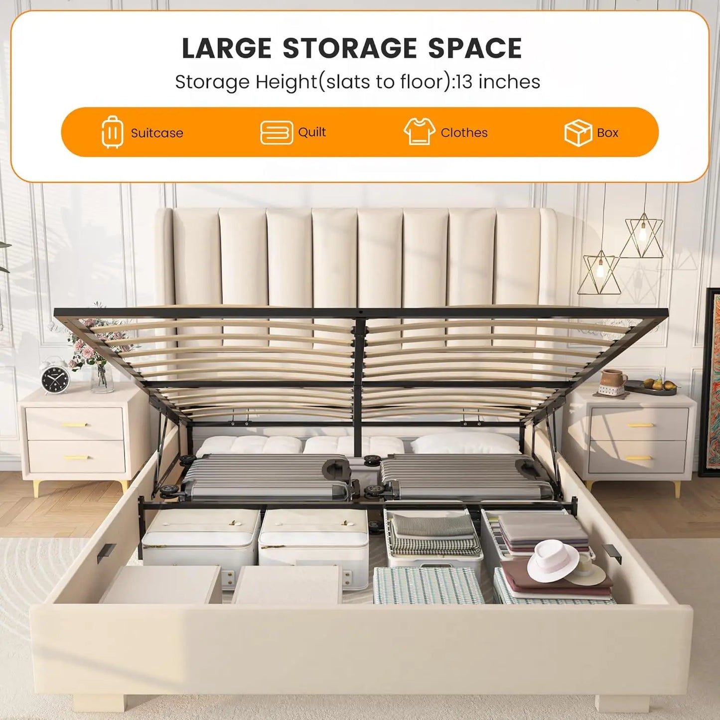 Lift Up Storage Bed Frame with 51" Tall Headboard, Queen Size Bed Frame with Storage Underneath, Velvet Wingback, Customized
