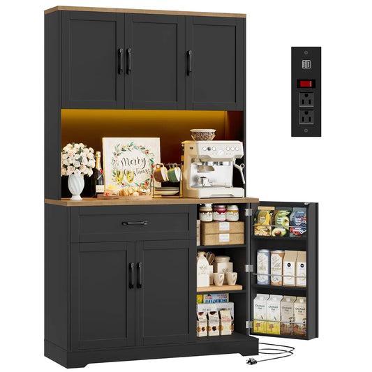 71" LED Pantry Cabinet with Power Outlet, Tall Kitchen Hutch Storage Cabinet with Microwave Stand & 6 Door Shelves,, Customized
