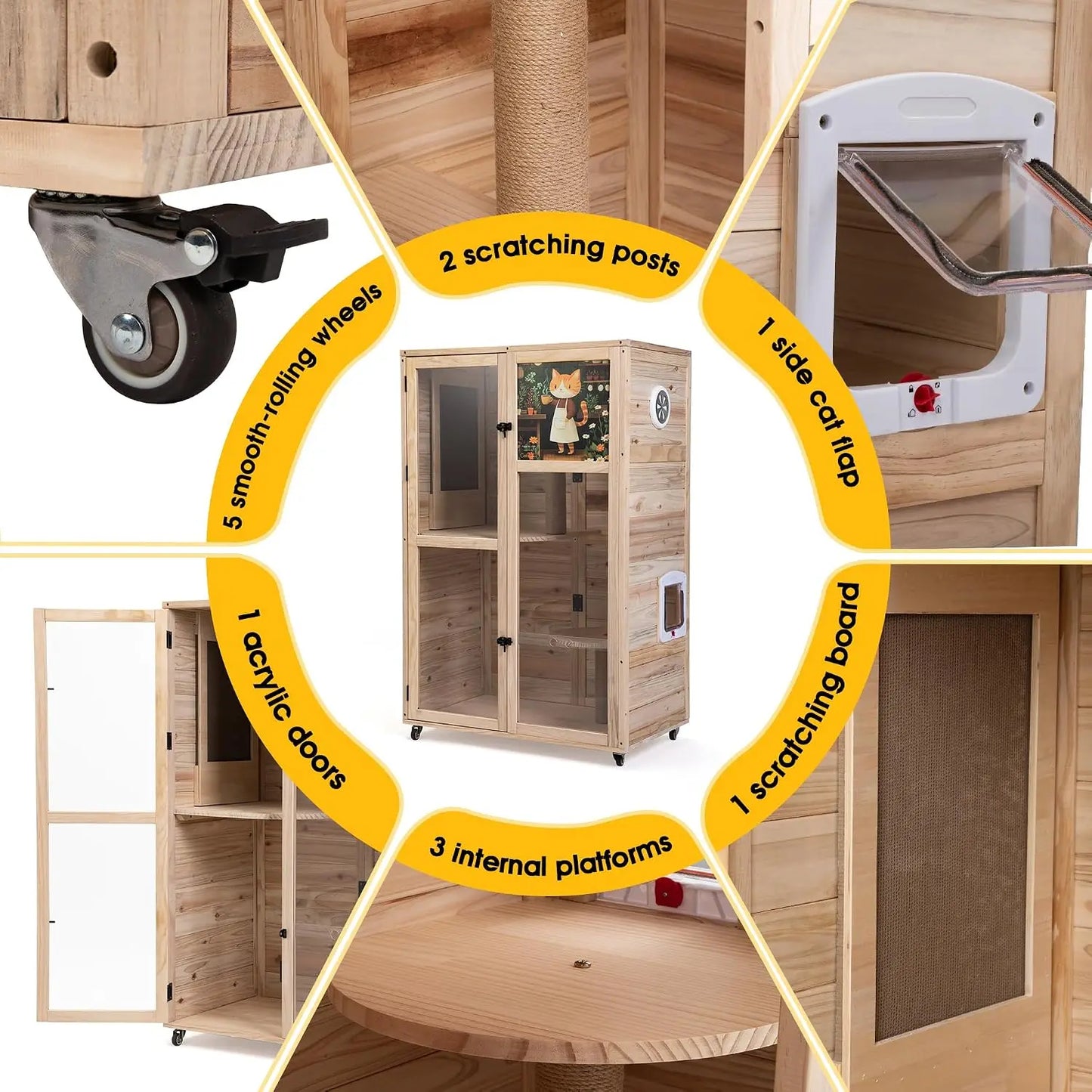 Large Wooden Cat House on Wheels, Indoor Cat Villa with Condo, Multi Platforms, Scratchers, Vent, Litter Box Area,, Custom