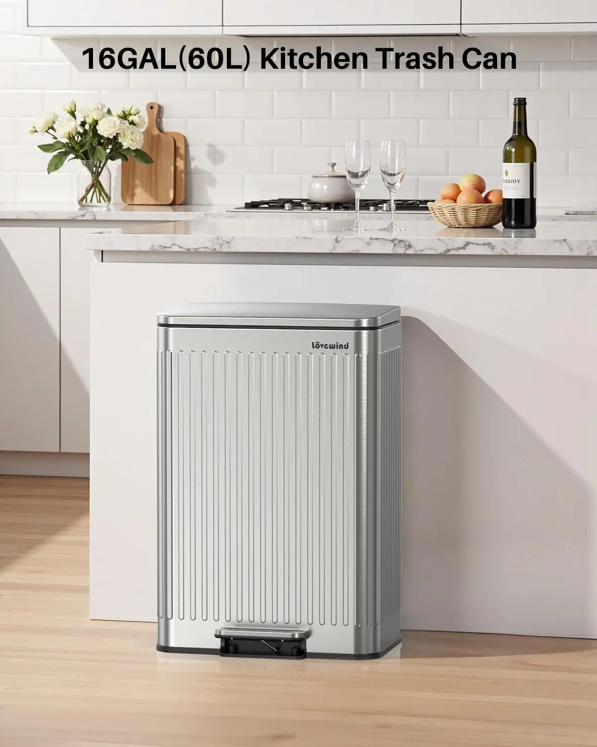 60 Liter/ 16 Gallon Stainless Steel Trash Can with Soft-Close Lid, Large Footstep Garbage Can with Roman Texture,, Customized