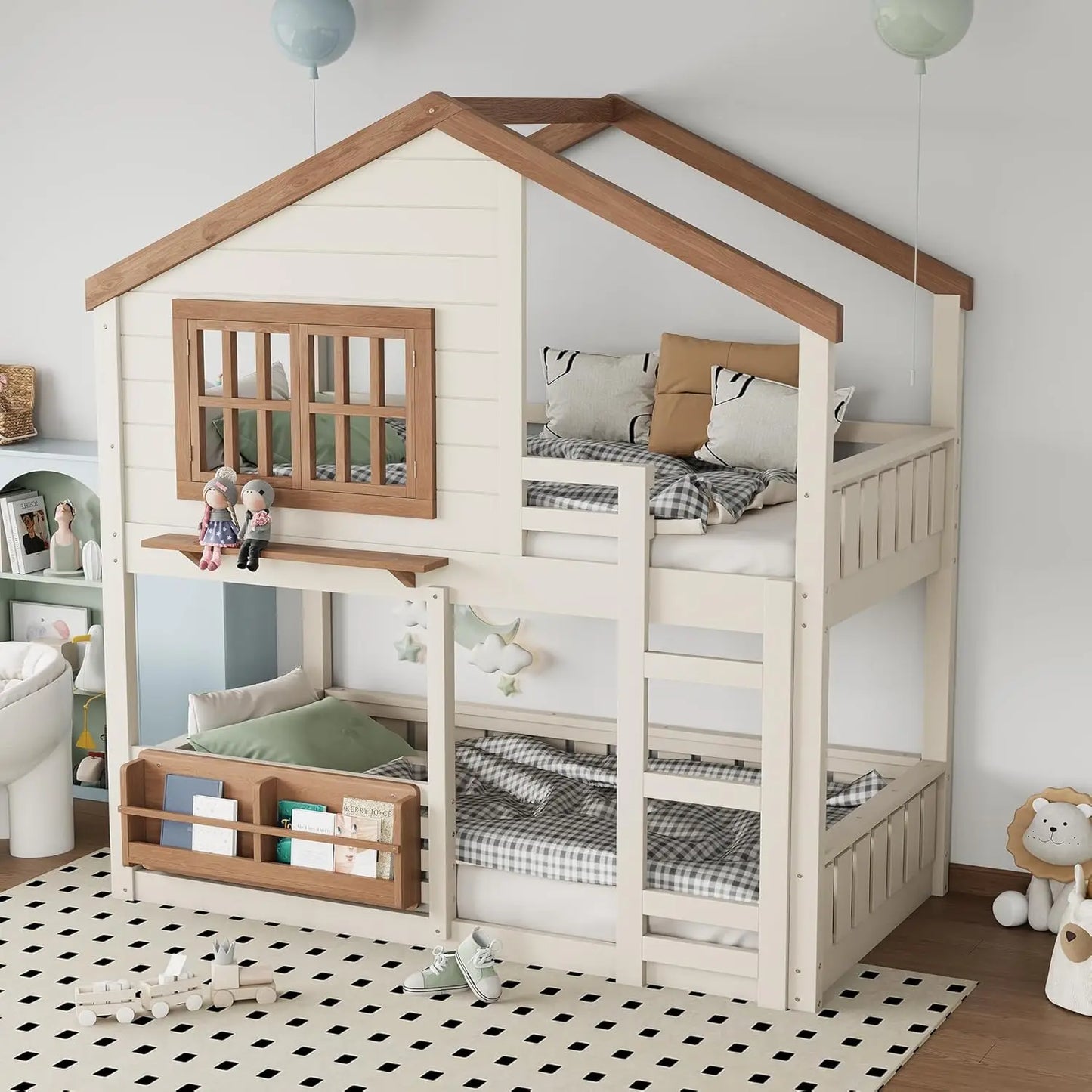Twin Bunk Bed Window Roof Bookshelf Ladder Guardrail Solid Wood Playhouse Kids Bedroom, Custom