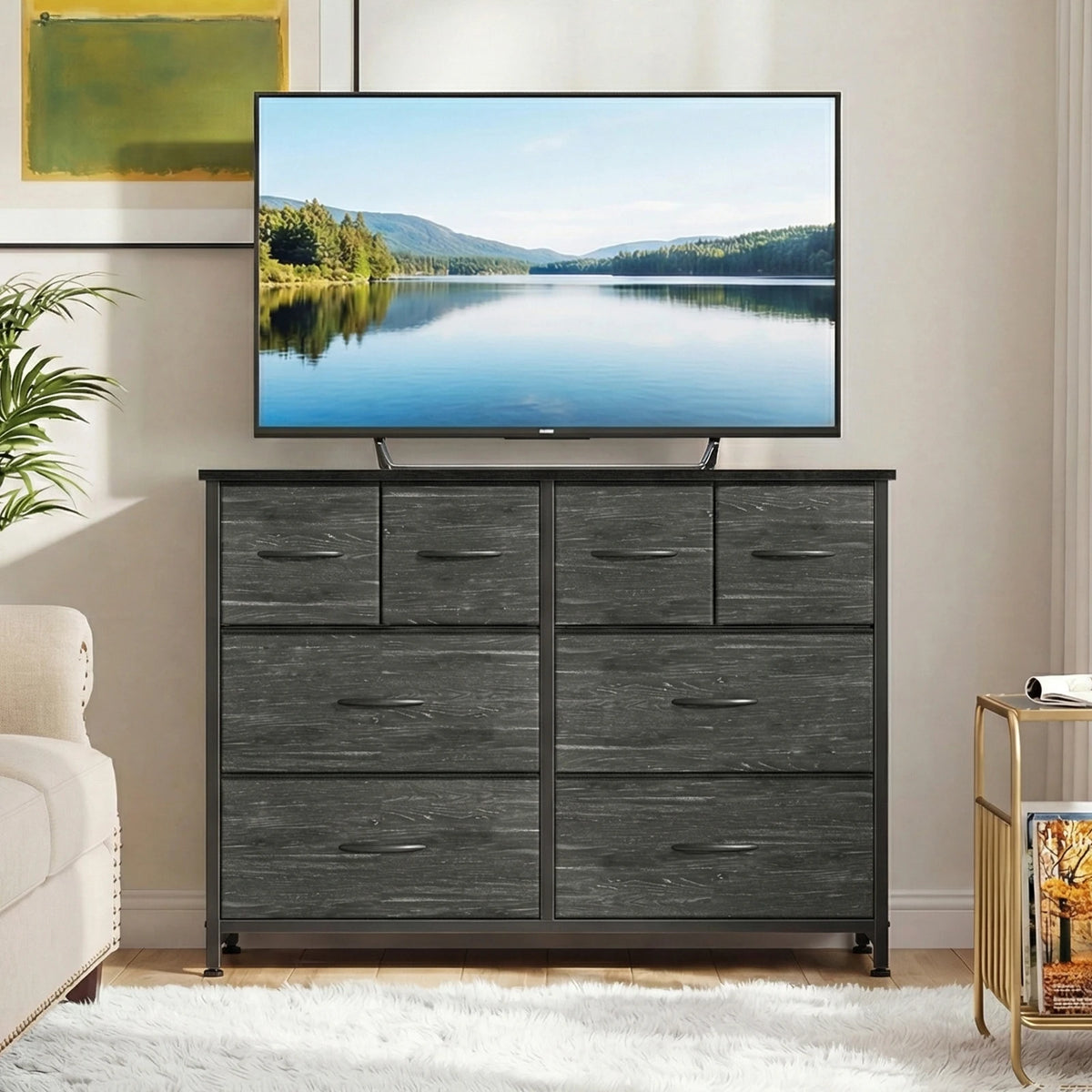 MCQ 8 Fabric Drawers Cabinet with Wood Top For Living Room Storage Cabinet Organizer with Mental Frame Beside Nightstand Dresser Tables Display Furniture