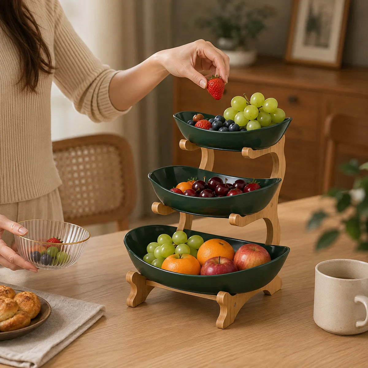 2/3-Tier Fruit Bowl with Stand, Plastic Fruit Basket with Bamboo Frame for Kitchen Countertop, Large Capacity Fruit Display Stand for Fruit, Snacks, Candy, Bread & Party, Gold Fork Included