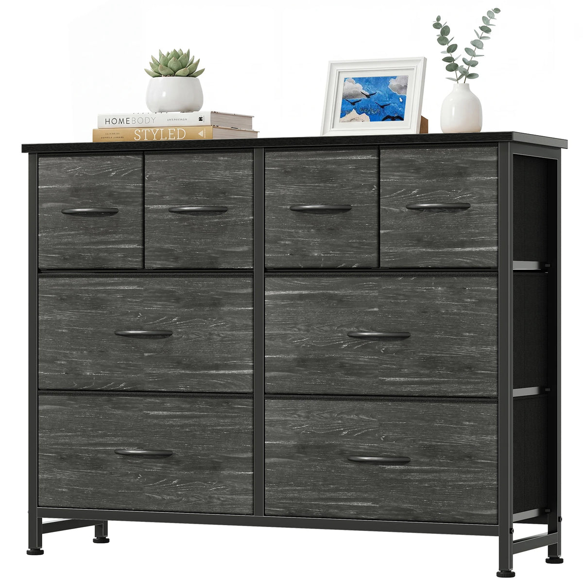 MCQ 8 Fabric Drawers Cabinet with Wood Top For Living Room Storage Cabinet Organizer with Mental Frame Beside Nightstand Dresser Tables Display Furniture