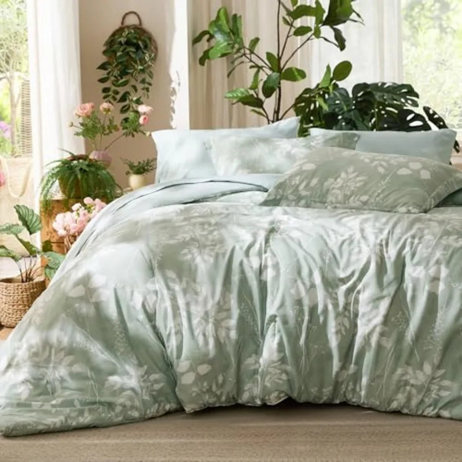 Comforter Set - 7 Pieces Floral Sage Green GentleSoft™ Bedding Sets Bed in a Bag with Botanical Flowers Winter Comforter Sheets