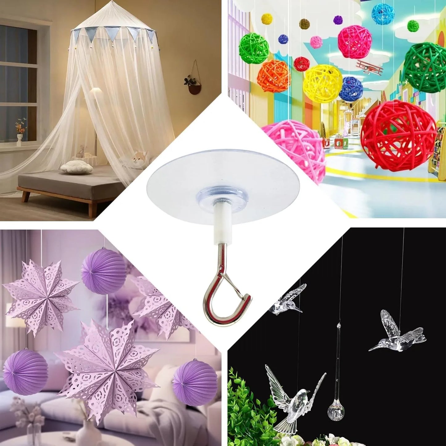 5Pcs Self Adhesive Ceiling Hooks Heavy Duty, No Drill Ceiling Hooks for Hanging Plants, No Drill Plant Hangers with Safety Locks for Hanging Lights Plants Chimes Fans Wall Decor in Kitchen Bathroom