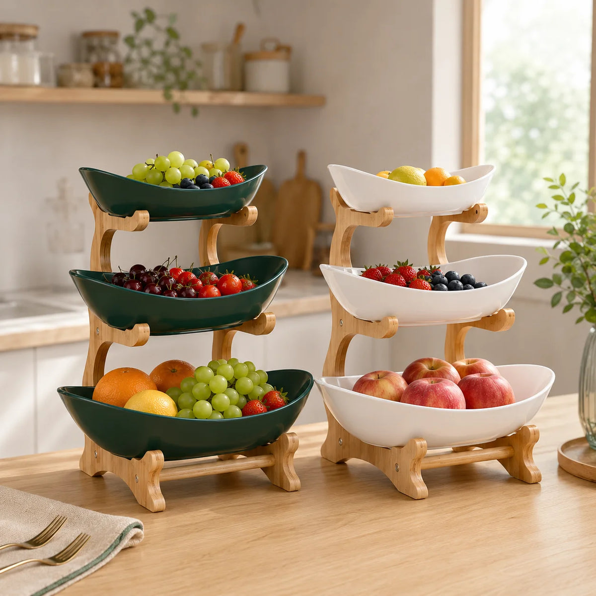 2/3-Tier Fruit Bowl with Stand, Plastic Fruit Basket with Bamboo Frame for Kitchen Countertop, Large Capacity Fruit Display Stand for Fruit, Snacks, Candy, Bread & Party, Gold Fork Included