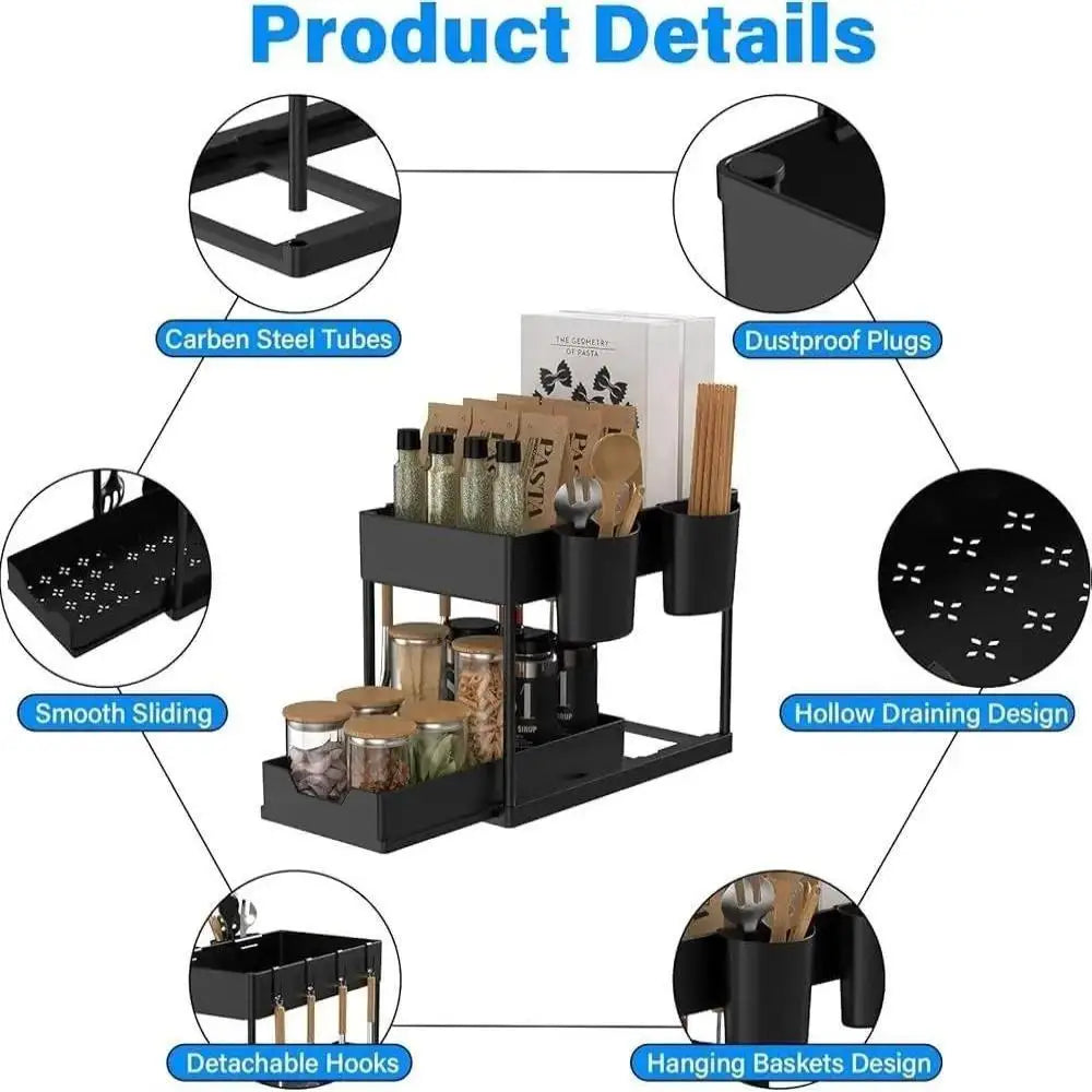 Sliding Under Sink Organizer with 5 Side Hooks and 3 Detachable Hanging Baskets,Pull Out Rustproof Metal Storage Rack,Tool Free Assembly,Multi Scene Space Saving Shelf for Kitchen,Bathroom,Laundry Room,Pantry,Apartment,Dorm,R