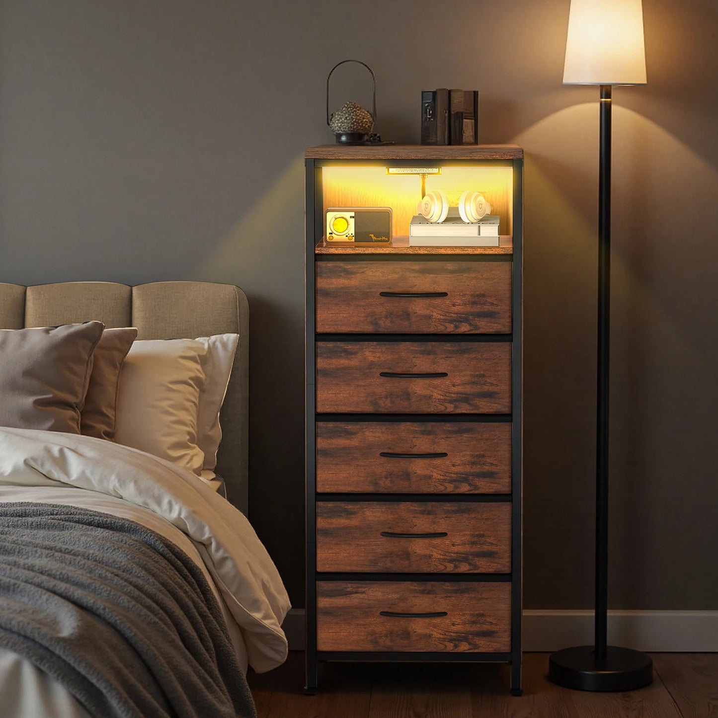 JHK 5-Drawer Cabinet with Charging Station Bedside Table with USB Ports Type-C Bedroom Night Stand with Fabric Drawers and Open Shelf Tall Narrow End Table for Small Bedroom