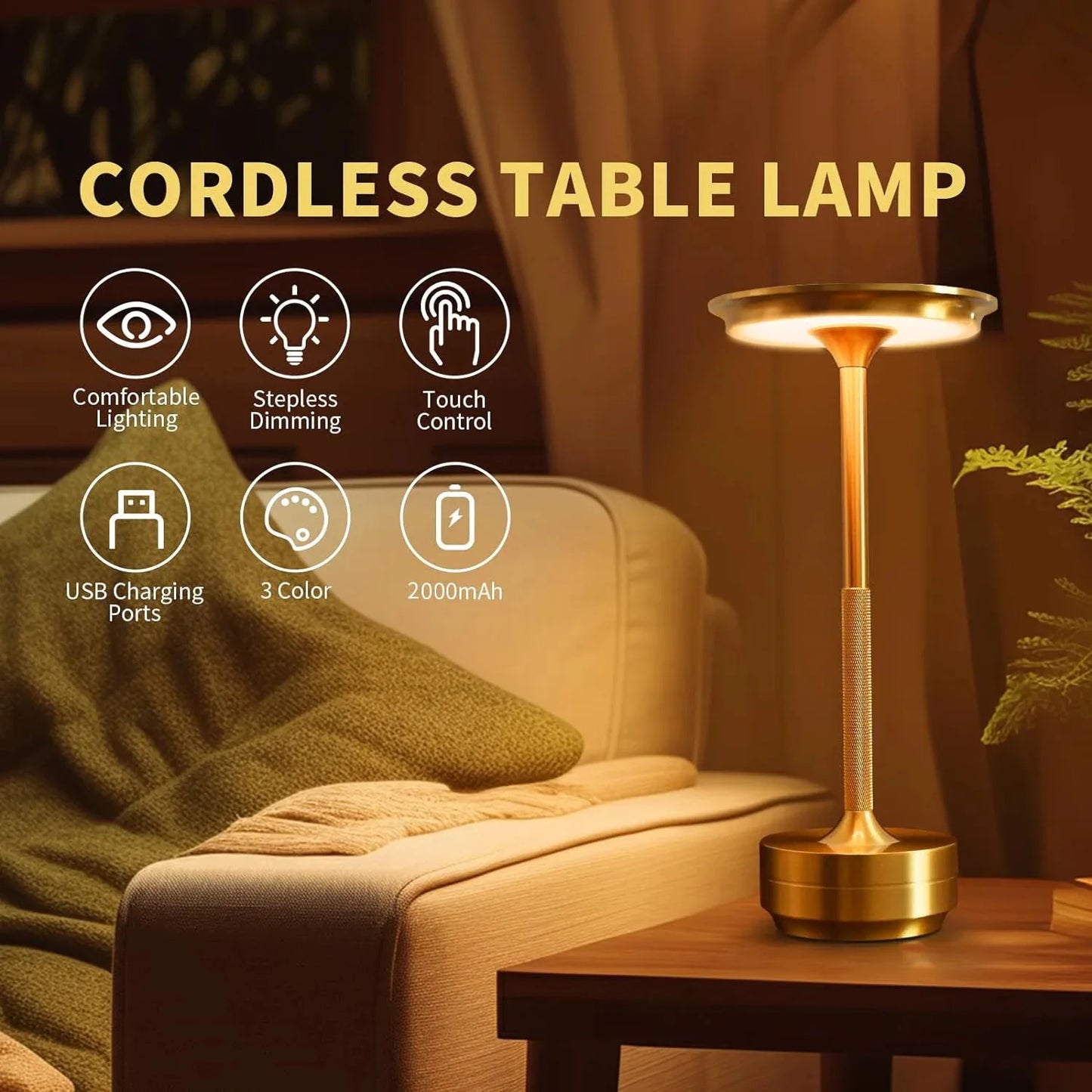 2PCS Rechargeable Wireless Table Lamp for Bedroom Rechargeable Desk Lamp Touch Contrl Camping Candle Creative USB-C Table Lamp