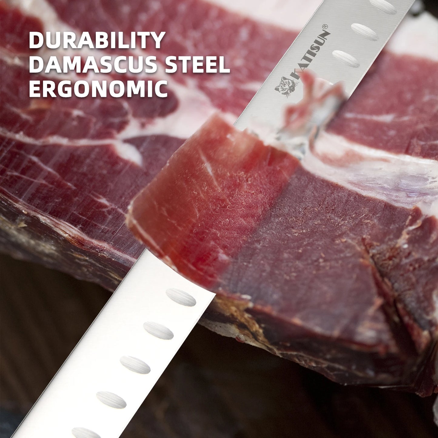 13 Inch Round Tip Ham Slicing Knife, Ultra Sharp German Premium Carbon Steel Brisket Knife Meat Cleaver