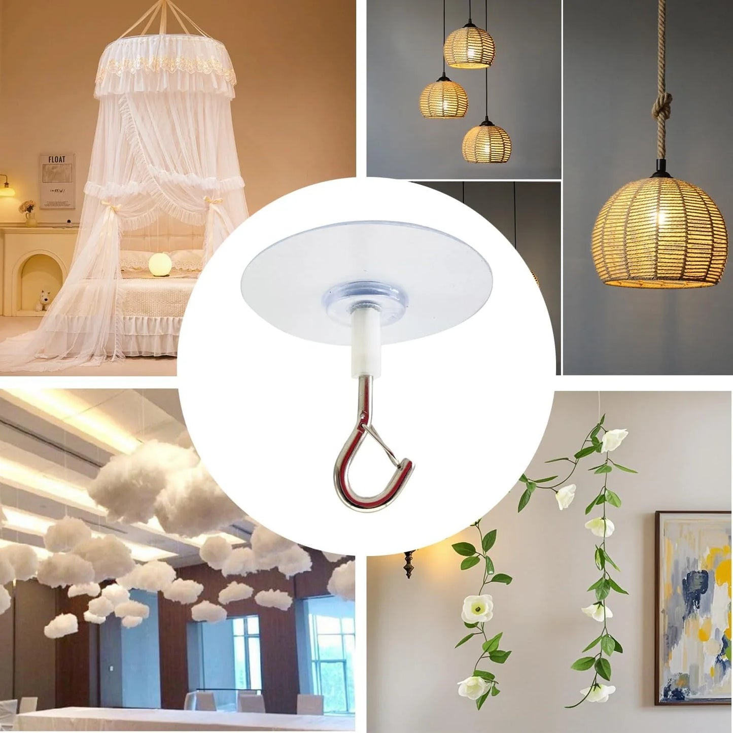 5Pcs Self Adhesive Ceiling Hooks Heavy Duty, No Drill Ceiling Hooks for Hanging Plants, No Drill Plant Hangers with Safety Locks for Hanging Lights Plants Chimes Fans Wall Decor in Kitchen Bathroom