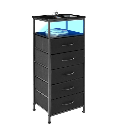 JHK 5-Drawer Cabinet with Charging Station Bedside Table with USB Ports Type-C Bedroom Night Stand with Fabric Drawers and Open Shelf Tall Narrow End Table for Small Bedroom