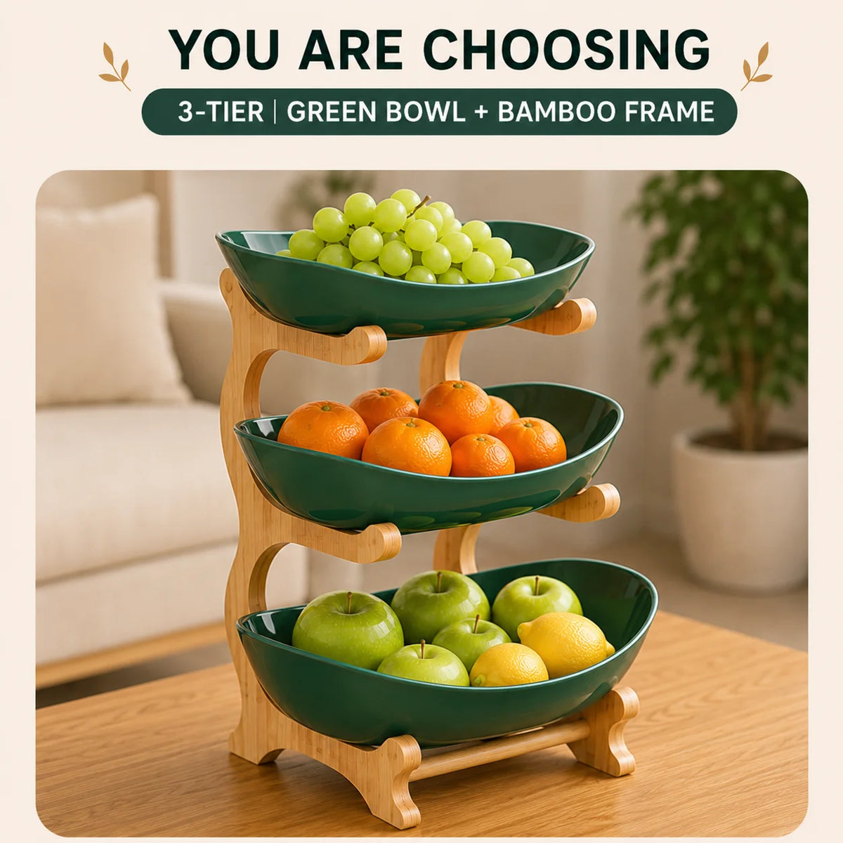 2/3-Tier Fruit Bowl with Stand, Plastic Fruit Basket with Bamboo Frame for Kitchen Countertop, Large Capacity Fruit Display Stand for Fruit, Snacks, Candy, Bread & Party, Gold Fork Included