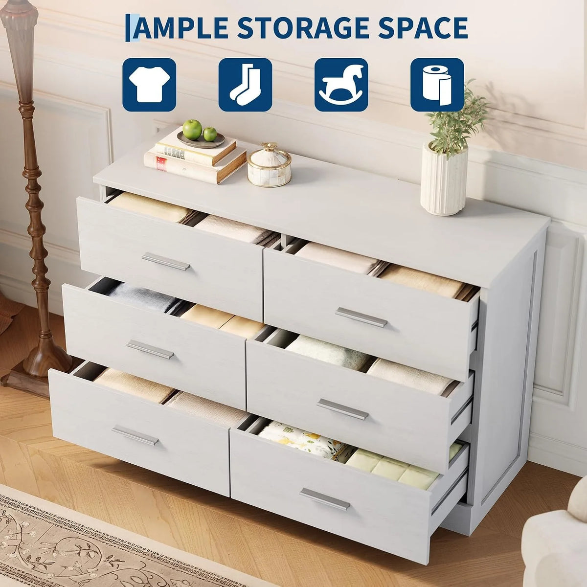 6 Drawer Storage Dresser Cabinet with Metal Handles, Modern Wood Chest of Drawers for Bedroom Living Room